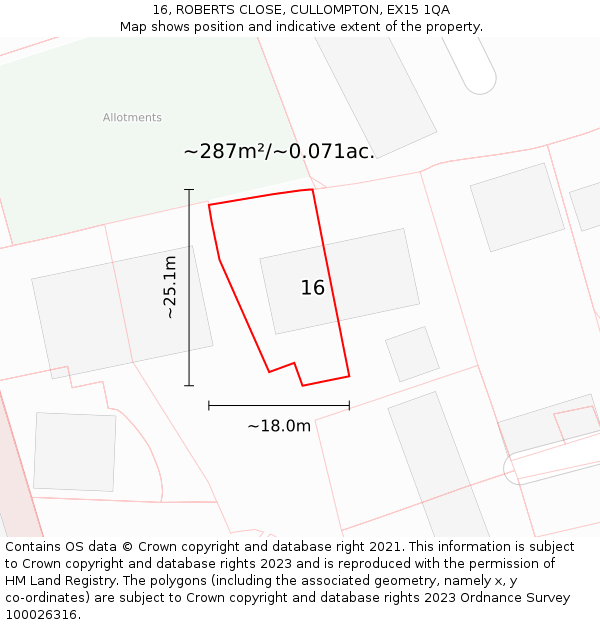16, ROBERTS CLOSE, CULLOMPTON, EX15 1QA: Plot and title map