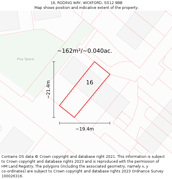 16, RODING WAY, WICKFORD, SS12 9BB: Plot and title map