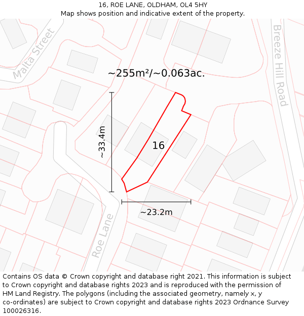 16, ROE LANE, OLDHAM, OL4 5HY: Plot and title map