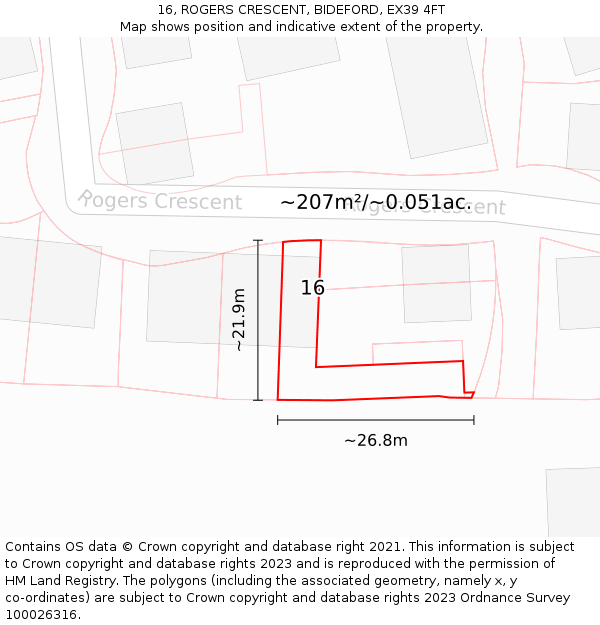 16, ROGERS CRESCENT, BIDEFORD, EX39 4FT: Plot and title map