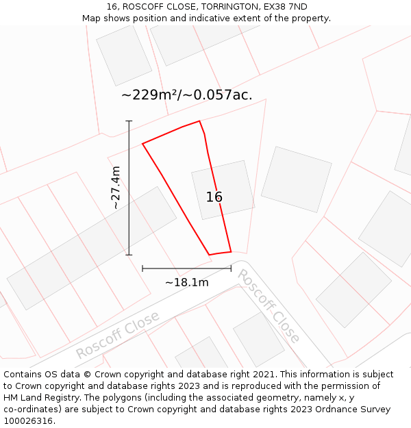 16, ROSCOFF CLOSE, TORRINGTON, EX38 7ND: Plot and title map
