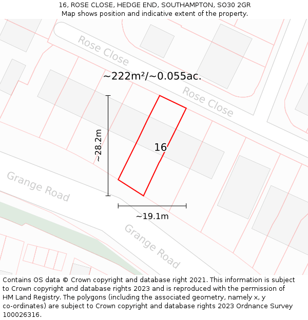 16, ROSE CLOSE, HEDGE END, SOUTHAMPTON, SO30 2GR: Plot and title map