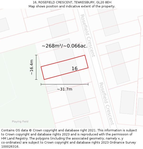 16, ROSEFIELD CRESCENT, TEWKESBURY, GL20 8EH: Plot and title map