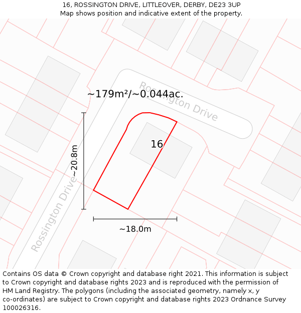 16, ROSSINGTON DRIVE, LITTLEOVER, DERBY, DE23 3UP: Plot and title map