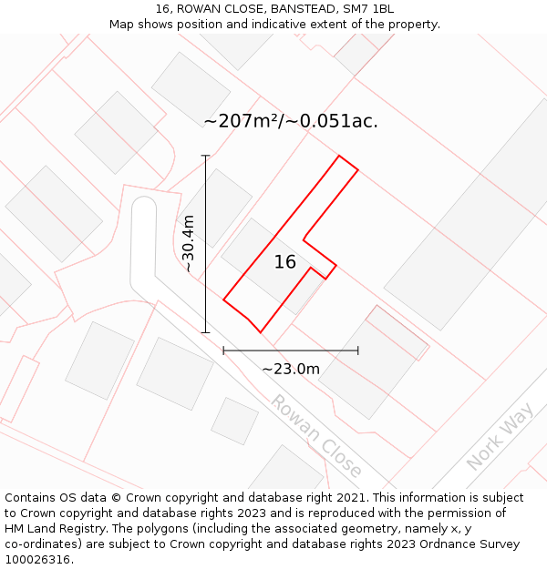 16, ROWAN CLOSE, BANSTEAD, SM7 1BL: Plot and title map