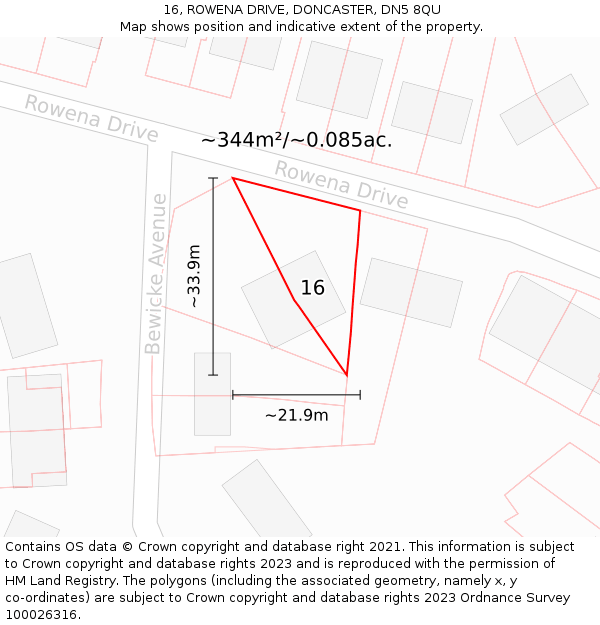 16, ROWENA DRIVE, DONCASTER, DN5 8QU: Plot and title map