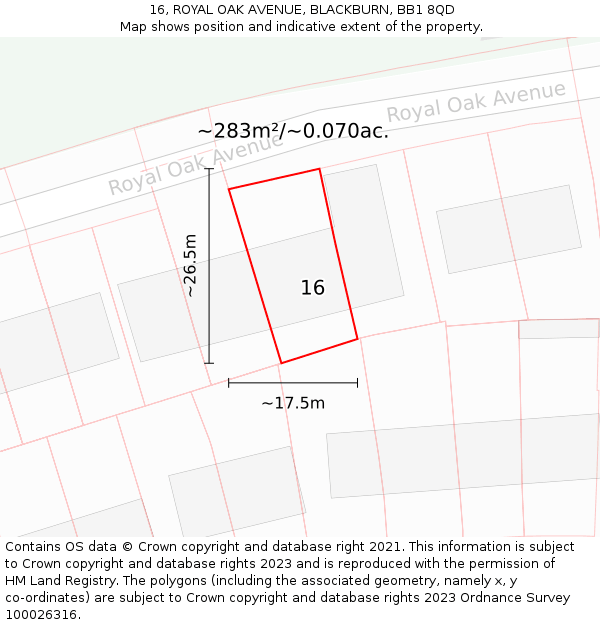 16, ROYAL OAK AVENUE, BLACKBURN, BB1 8QD: Plot and title map