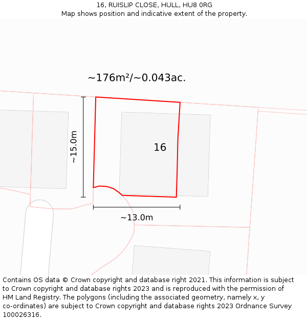 16, RUISLIP CLOSE, HULL, HU8 0RG: Plot and title map