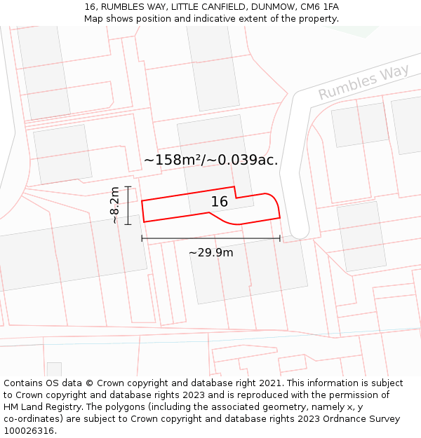 16, RUMBLES WAY, LITTLE CANFIELD, DUNMOW, CM6 1FA: Plot and title map