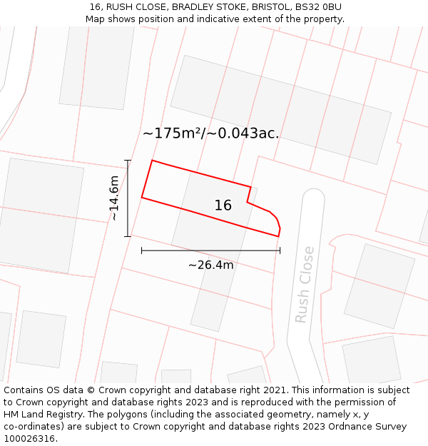16, RUSH CLOSE, BRADLEY STOKE, BRISTOL, BS32 0BU: Plot and title map