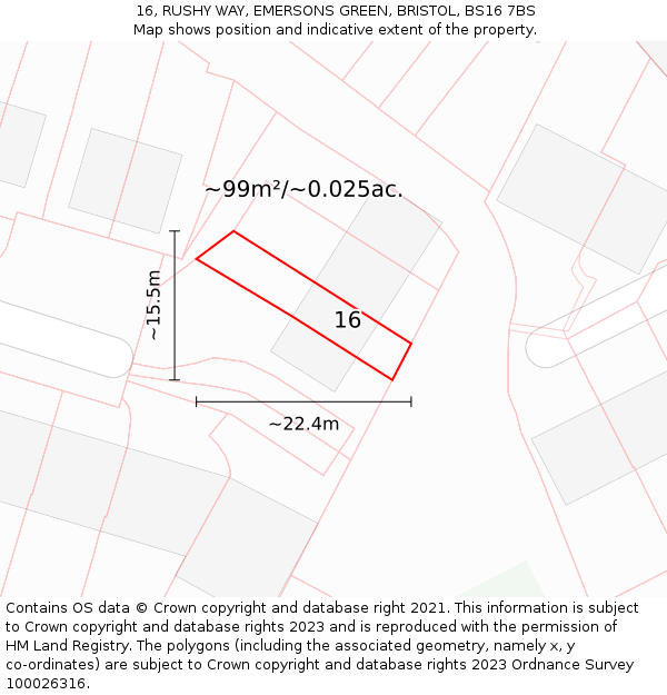 16, RUSHY WAY, EMERSONS GREEN, BRISTOL, BS16 7BS: Plot and title map