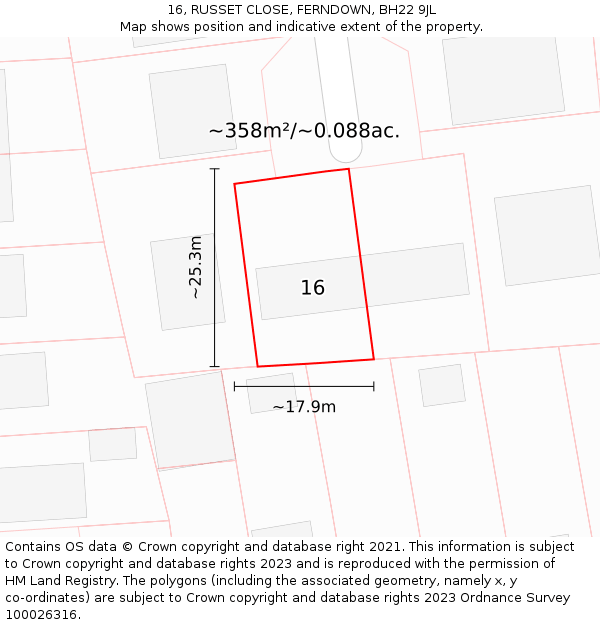 16, RUSSET CLOSE, FERNDOWN, BH22 9JL: Plot and title map