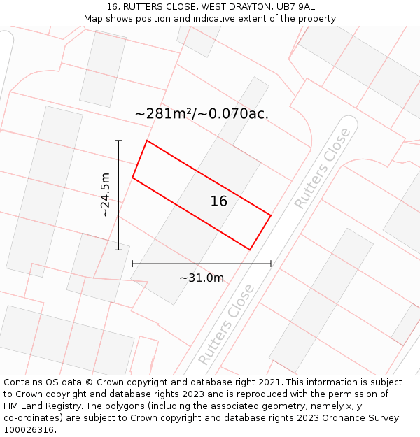 16, RUTTERS CLOSE, WEST DRAYTON, UB7 9AL: Plot and title map