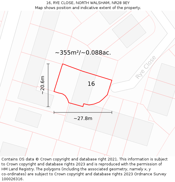 16, RYE CLOSE, NORTH WALSHAM, NR28 9EY: Plot and title map