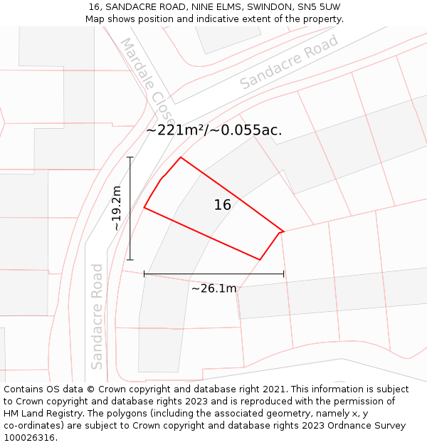 16, SANDACRE ROAD, NINE ELMS, SWINDON, SN5 5UW: Plot and title map