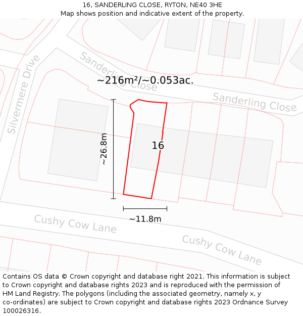 16, SANDERLING CLOSE, RYTON, NE40 3HE: Plot and title map