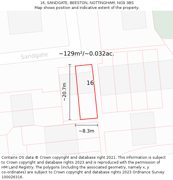 16, SANDGATE, BEESTON, NOTTINGHAM, NG9 3BS: Plot and title map