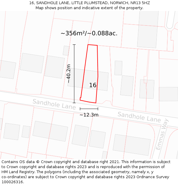 16, SANDHOLE LANE, LITTLE PLUMSTEAD, NORWICH, NR13 5HZ: Plot and title map
