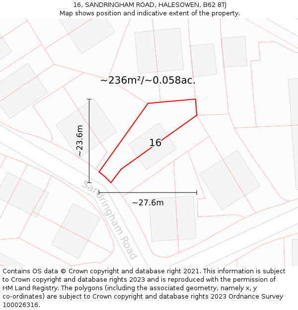 16, SANDRINGHAM ROAD, HALESOWEN, B62 8TJ: Plot and title map