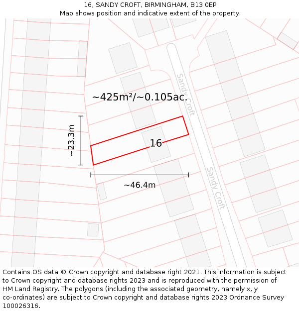16, SANDY CROFT, BIRMINGHAM, B13 0EP: Plot and title map