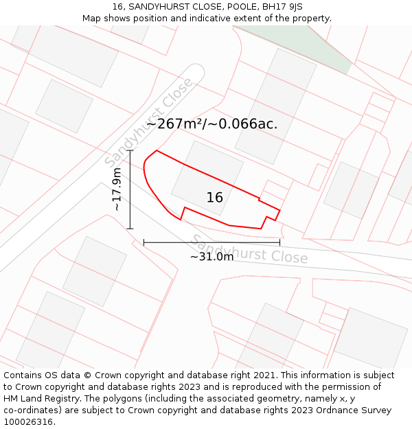 16, SANDYHURST CLOSE, POOLE, BH17 9JS: Plot and title map