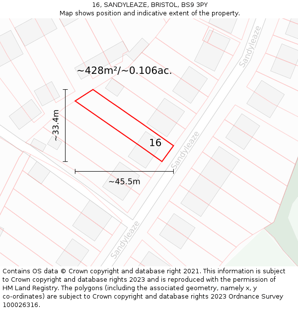 16, SANDYLEAZE, BRISTOL, BS9 3PY: Plot and title map