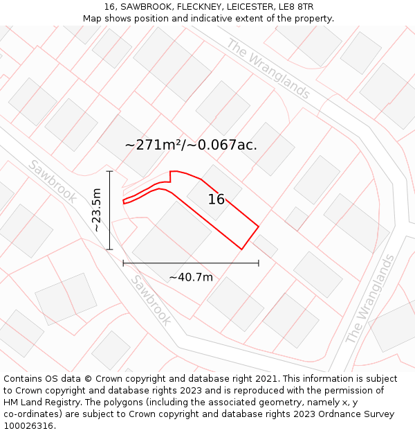 16, SAWBROOK, FLECKNEY, LEICESTER, LE8 8TR: Plot and title map