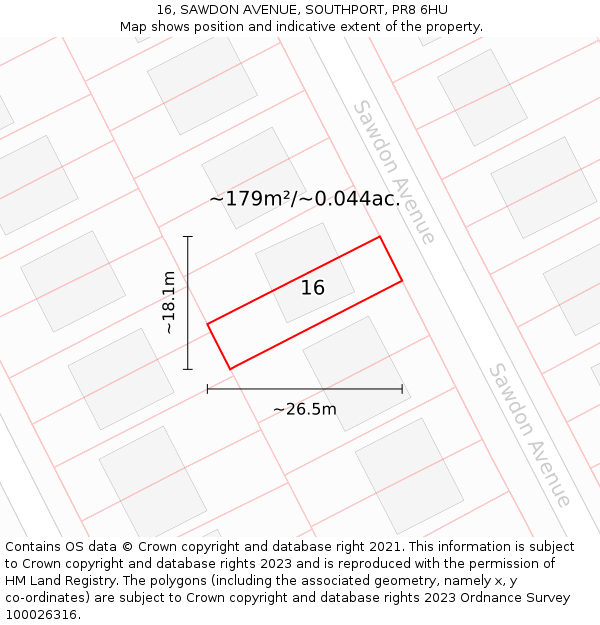16, SAWDON AVENUE, SOUTHPORT, PR8 6HU: Plot and title map