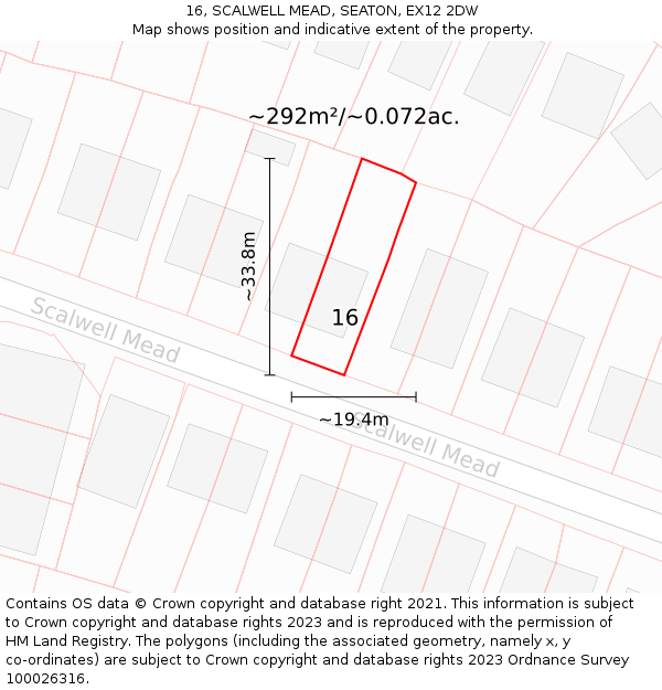 16, SCALWELL MEAD, SEATON, EX12 2DW: Plot and title map