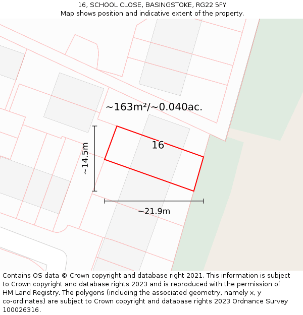 16, SCHOOL CLOSE, BASINGSTOKE, RG22 5FY: Plot and title map