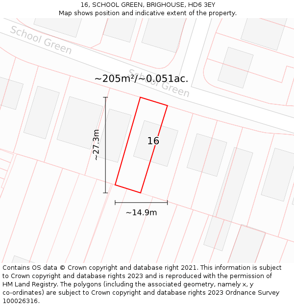 16, SCHOOL GREEN, BRIGHOUSE, HD6 3EY: Plot and title map