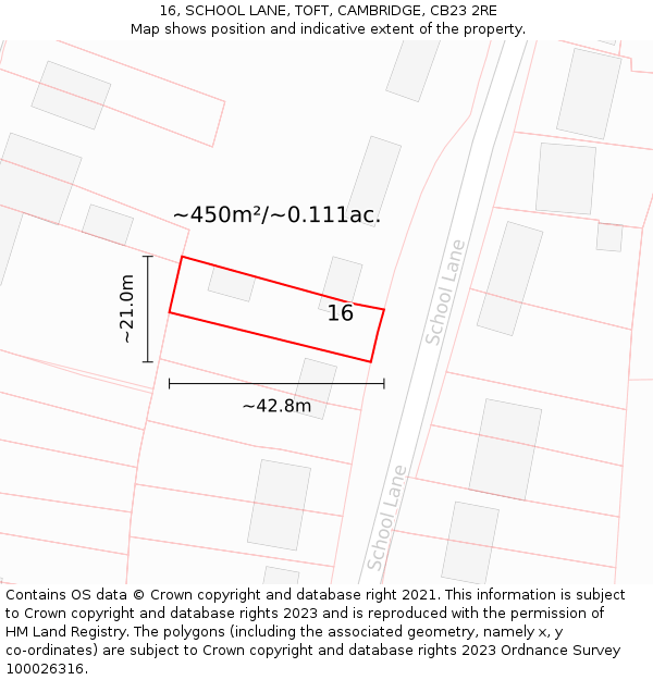 16, SCHOOL LANE, TOFT, CAMBRIDGE, CB23 2RE: Plot and title map