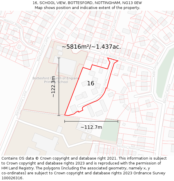 16, SCHOOL VIEW, BOTTESFORD, NOTTINGHAM, NG13 0EW: Plot and title map