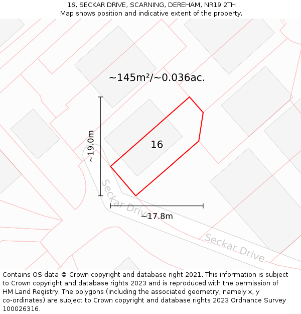 16, SECKAR DRIVE, SCARNING, DEREHAM, NR19 2TH: Plot and title map