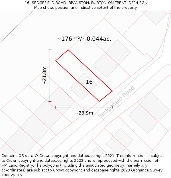 16, SEDGEFIELD ROAD, BRANSTON, BURTON-ON-TRENT, DE14 3GN: Plot and title map