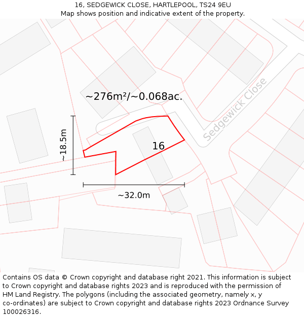 16, SEDGEWICK CLOSE, HARTLEPOOL, TS24 9EU: Plot and title map
