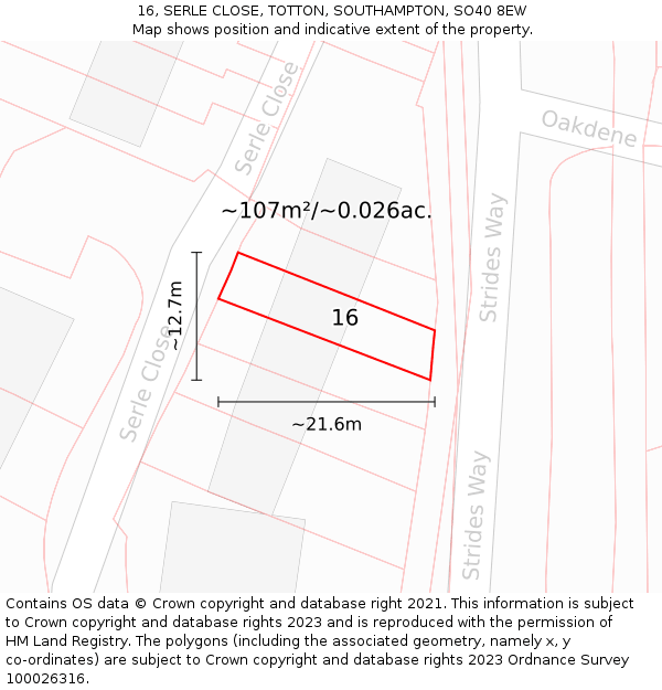 16, SERLE CLOSE, TOTTON, SOUTHAMPTON, SO40 8EW: Plot and title map