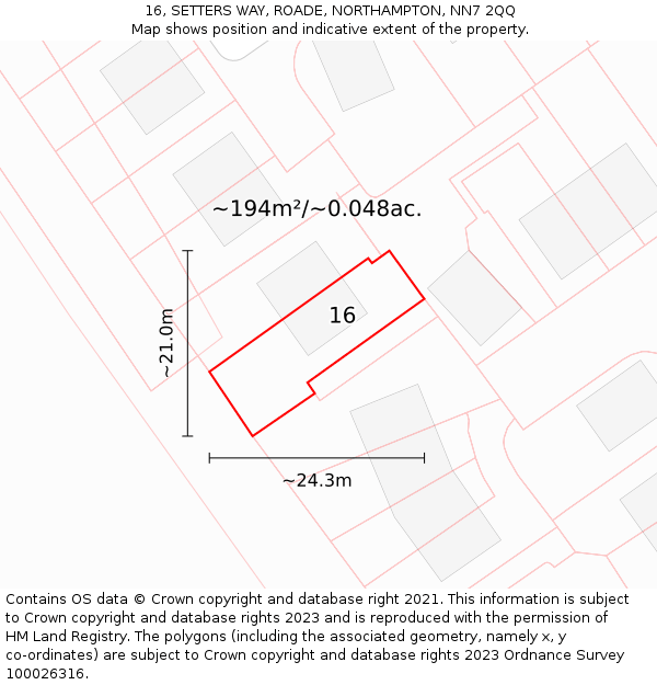 16, SETTERS WAY, ROADE, NORTHAMPTON, NN7 2QQ: Plot and title map