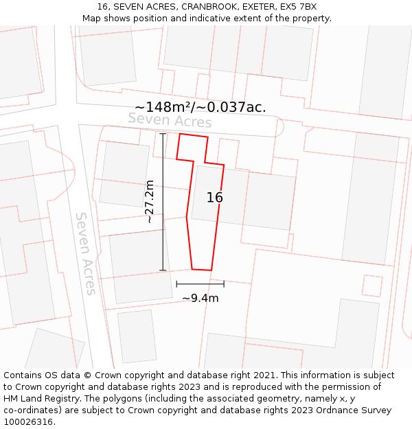 16, SEVEN ACRES, CRANBROOK, EXETER, EX5 7BX: Plot and title map