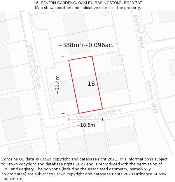 16, SEVERN GARDENS, OAKLEY, BASINGSTOKE, RG23 7AT: Plot and title map