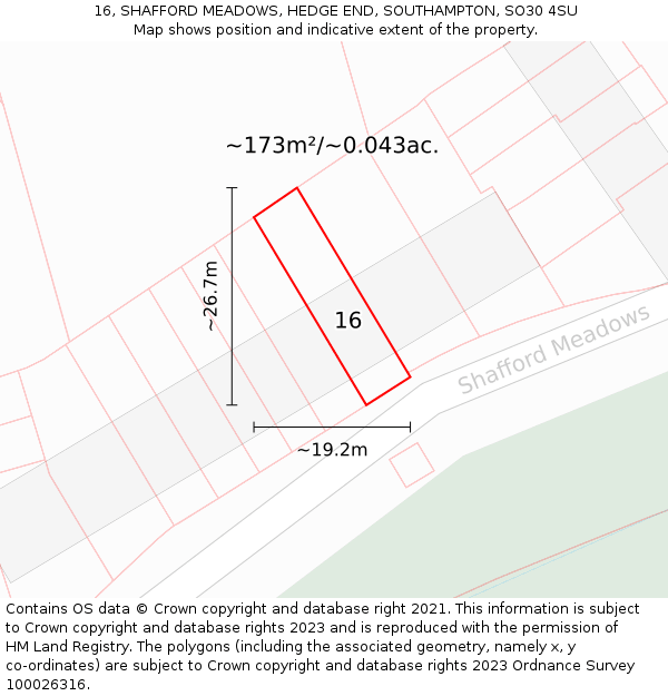 16, SHAFFORD MEADOWS, HEDGE END, SOUTHAMPTON, SO30 4SU: Plot and title map