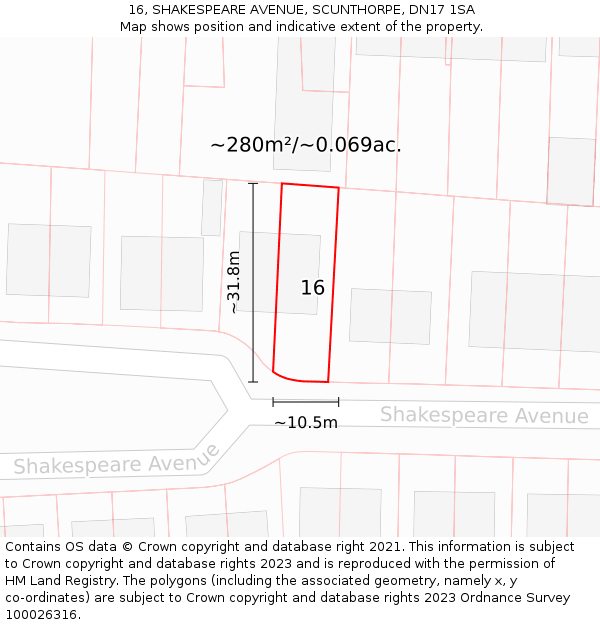 16, SHAKESPEARE AVENUE, SCUNTHORPE, DN17 1SA: Plot and title map