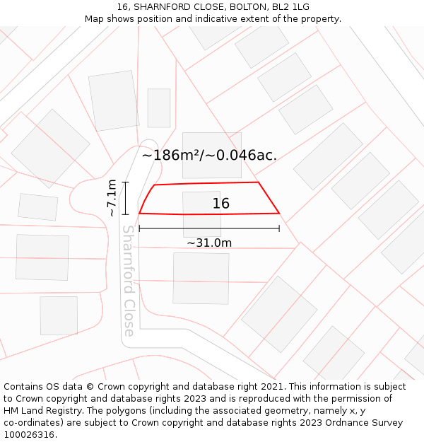 16, SHARNFORD CLOSE, BOLTON, BL2 1LG: Plot and title map