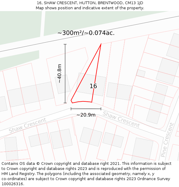 16, SHAW CRESCENT, HUTTON, BRENTWOOD, CM13 1JD: Plot and title map