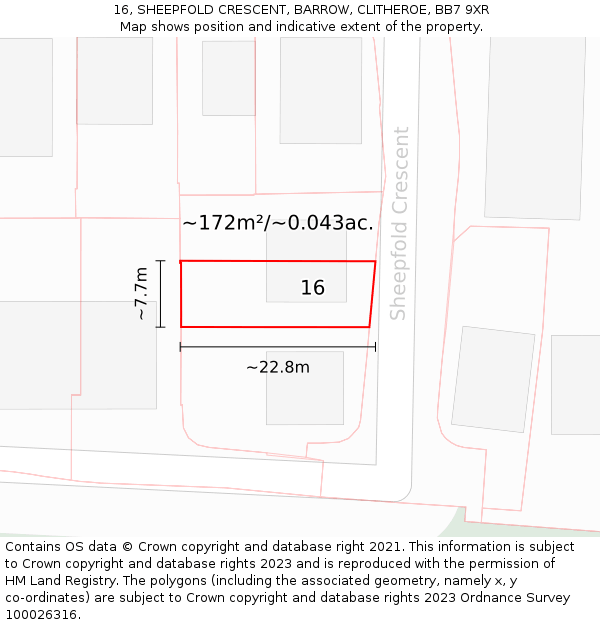 16, SHEEPFOLD CRESCENT, BARROW, CLITHEROE, BB7 9XR: Plot and title map