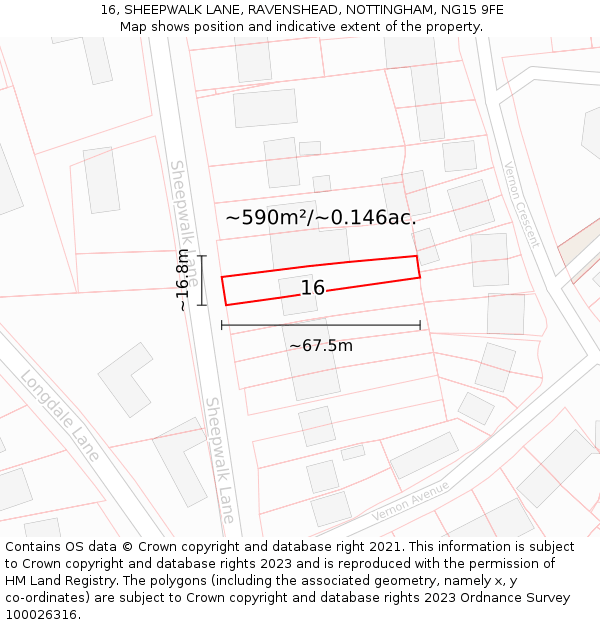 16, SHEEPWALK LANE, RAVENSHEAD, NOTTINGHAM, NG15 9FE: Plot and title map