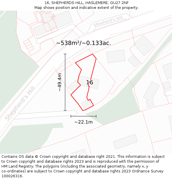 16, SHEPHERDS HILL, HASLEMERE, GU27 2NF: Plot and title map