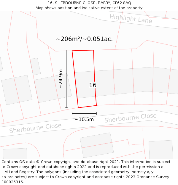 16, SHERBOURNE CLOSE, BARRY, CF62 8AQ: Plot and title map