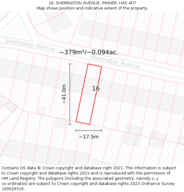 16, SHERINGTON AVENUE, PINNER, HA5 4DT: Plot and title map