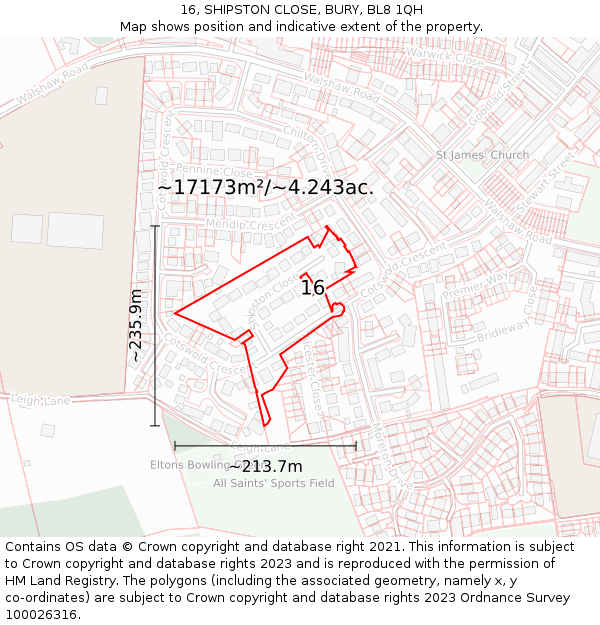 16, SHIPSTON CLOSE, BURY, BL8 1QH: Plot and title map